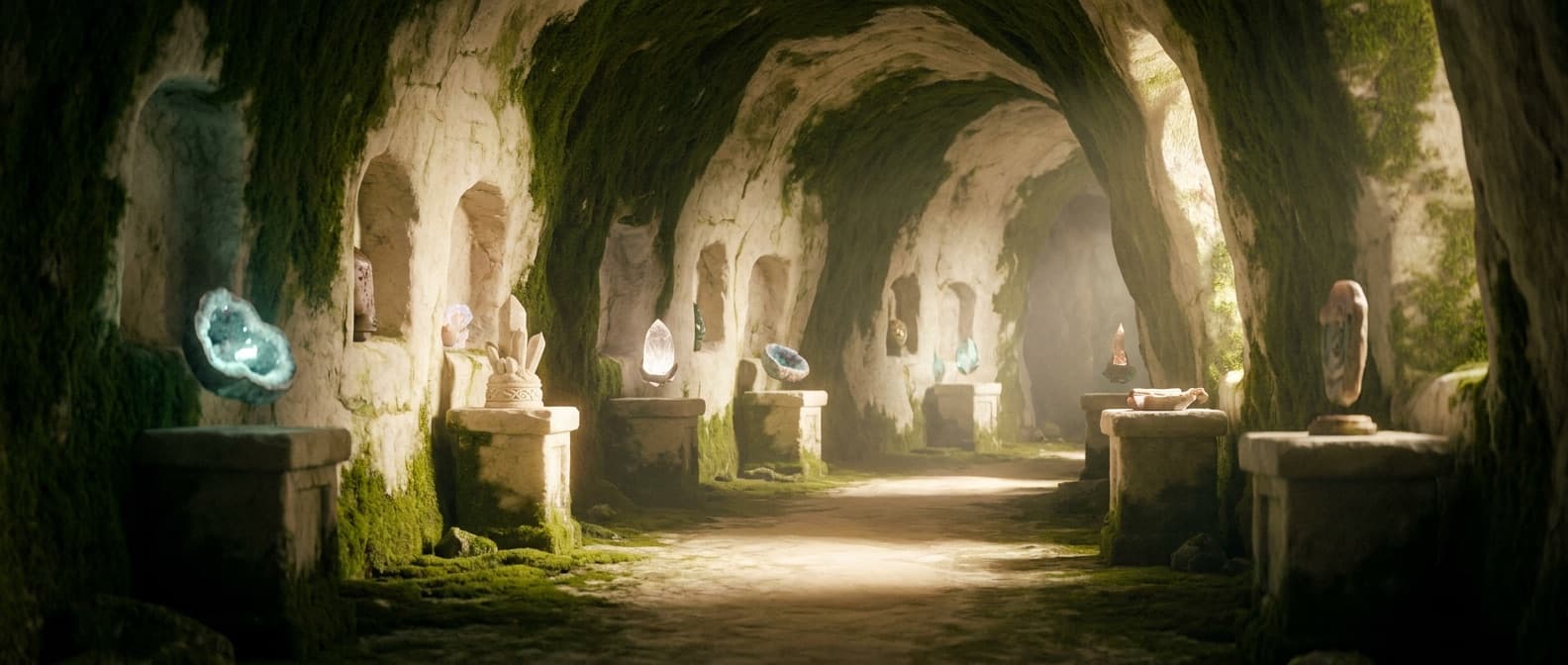 La cueva de los proyectos: una galería de piedra y musgo con los proyectos en exhibición