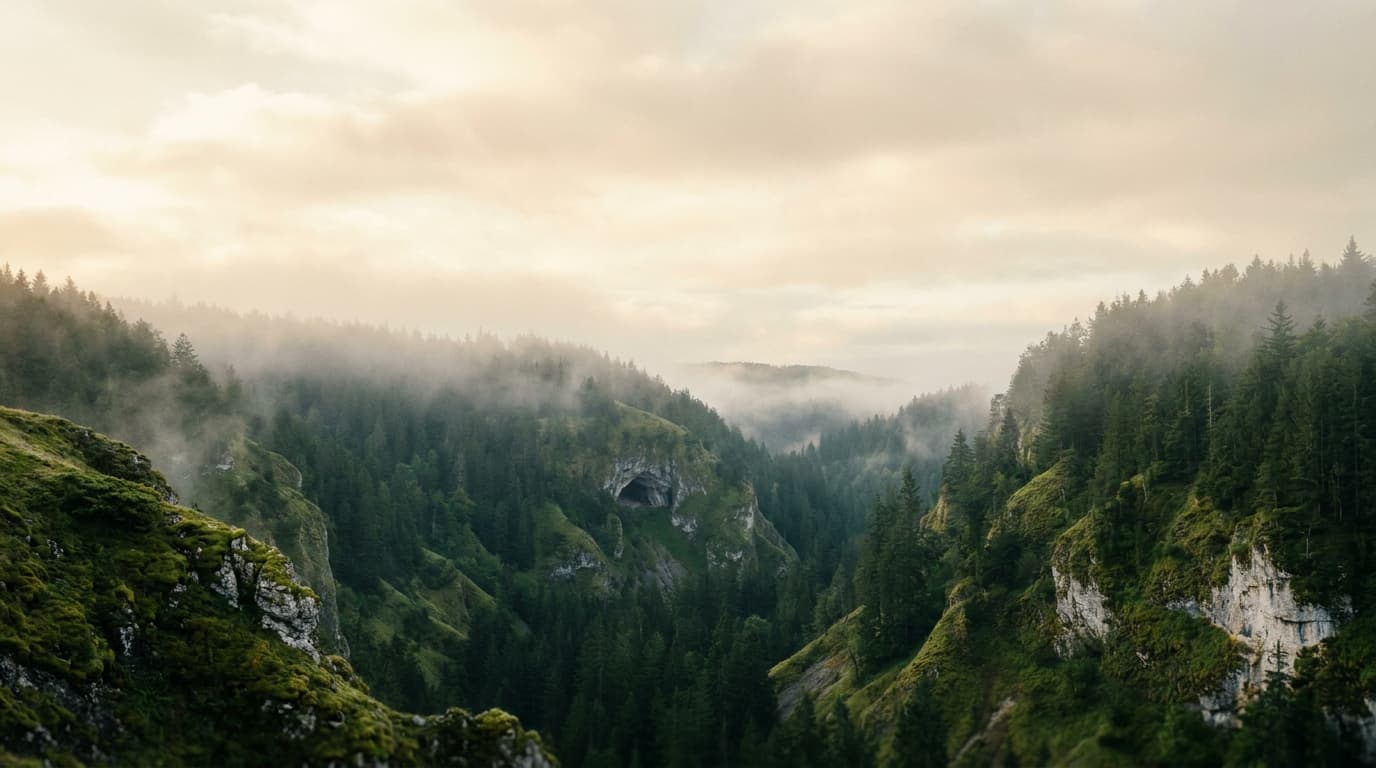 Valle de montaña con niebla y una cueva a lo lejos